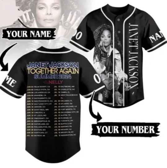 Janet Jackson Together Again Summer Baseball Jersey, 2024 Music Tour Short Sleeve Shirt, Summer Casual Button Shirt, Music Lover Shirt