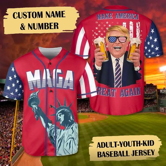 Personalized Trump Make America Great Again 4th July Polyester Baseball Jersey, Beer Lover Patriotic July Fourth Baseball Shirt, Independence Day
