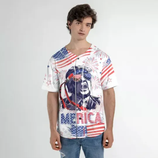 Happy Independence Day American Trump Patriotic July 4th Baseball Jersey Polyester Shirt, Trump 2024 America Flag Jersey All Size