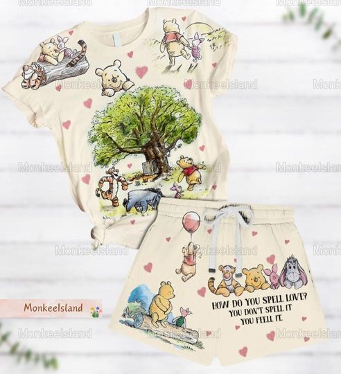 Vintage Winnie The Pooh T-shirt Pajamas Set, Women's Summer Comfortable Short Sleepwear, Disney Cartoon Clothes