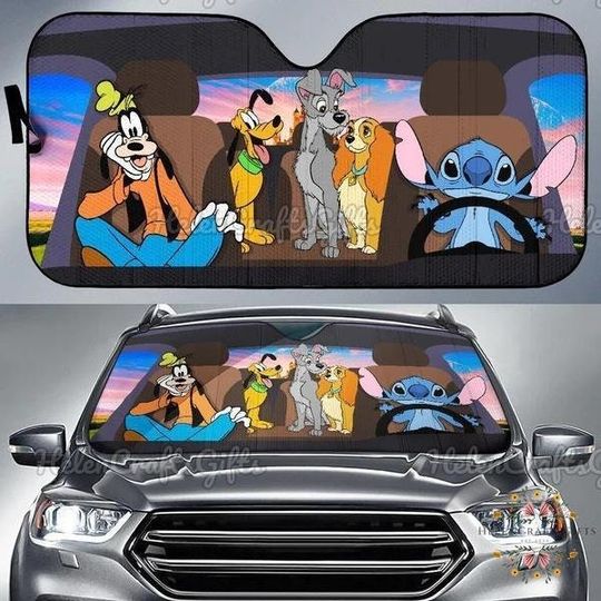 Disney Dogs Car Sun Shade, Goofy Pluto Stitch Lady And The Tramp Sunshade