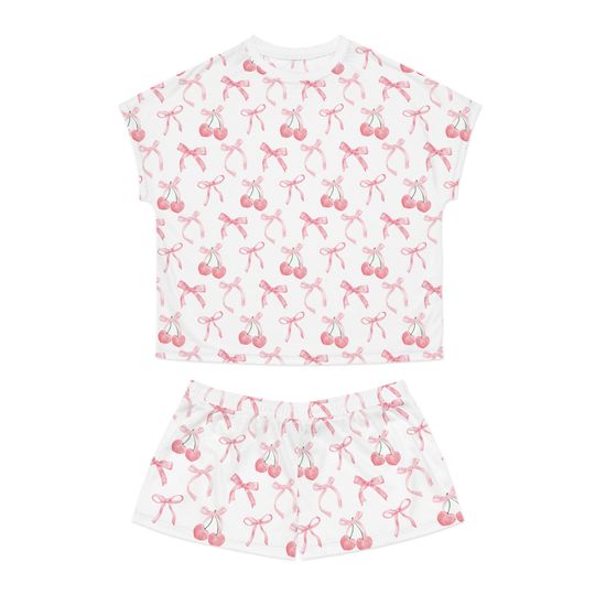 Pink bow Coquette Pajamas Set, Short Sleeve Pajama Sets for Women, Girls, Trending Casual Fashion