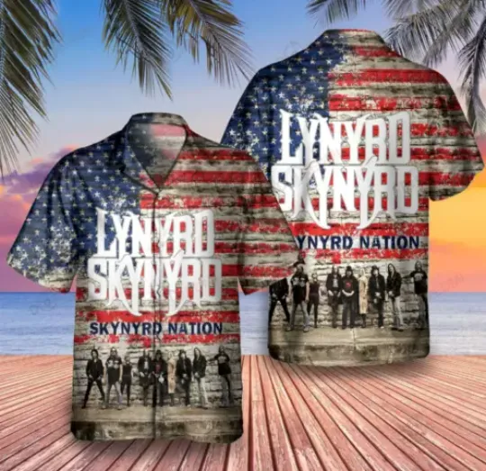 Lynyrd Skynyrd Hawaiian Shirt,  Lynyrd Skynyrd Flag 3D Polyester Hawaiian Shirt, USA Flag Short Sleeve Shirt,  Father Day Gift, Cute Father Day Gift