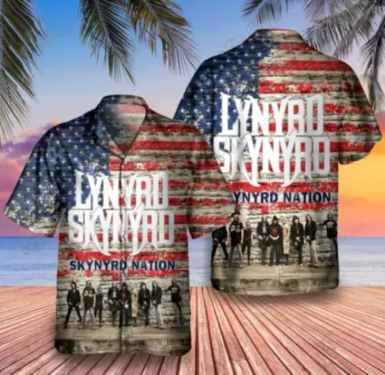 Lynyrd Skynyrd Hawaiian Shirt,  Lynyrd Skynyrd Flag 3D Polyester Hawaiian Shirt, USA Flag Short Sleeve Shirt,  Father Day Gift, Cute Father Day Gift
