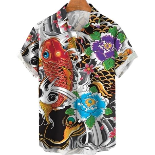 Discover 2024 Hawaiian 3D Men's Shirt Koi Floral Casual Social Summer News Short Sleeve Street Carp Luxury Blouse Outdoor Clothes Top Fit