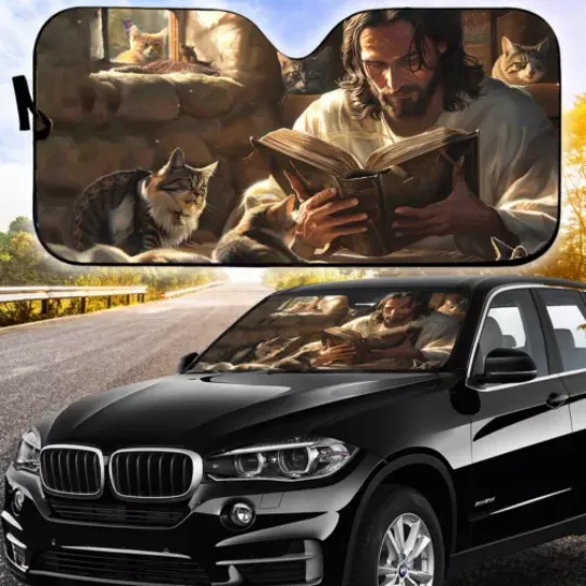 Jesus Cats Car Windshield God Reading Bible Book Car Sunshade, Sun Cat Lover Gift, Car Sun Shades 57x27.5 Inch, Auto Sun Shade, Car Screen Decor