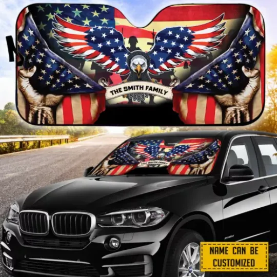 Discover Personalized Family Car Sun Shade, Eagle US Flag Windshield Independence Day Gift, Car Sun Shades 57x27.5 Inch, Auto Sun Shade, Car Screen Decor