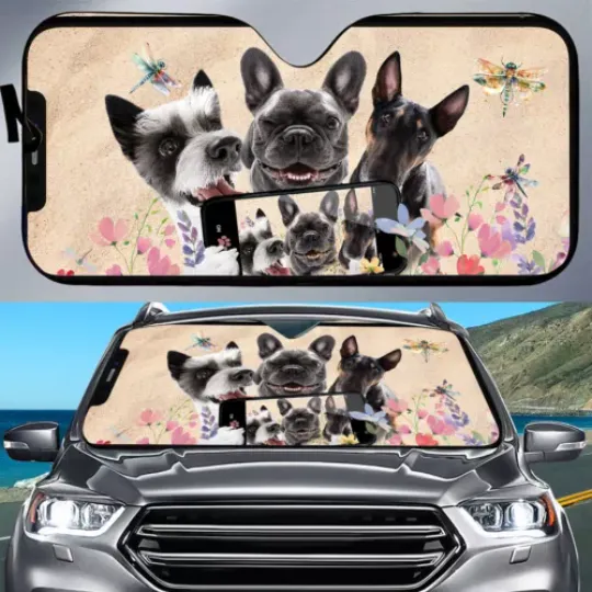 Funny Dog Selfie In The Beach Car Sun Shade Flower Dogs Dragonfly Windshield Car, Car Sun Shades 57x27.5 Inch, Auto Sun Shade, Car Screen Decor