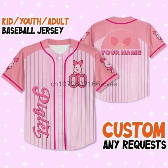 Personalized Disney Piglet Baseball Jersey, Streetwear Fashion Summer Shirt, Custom Name Short Sleeved Baseball Shirt for Men, Women and Kids