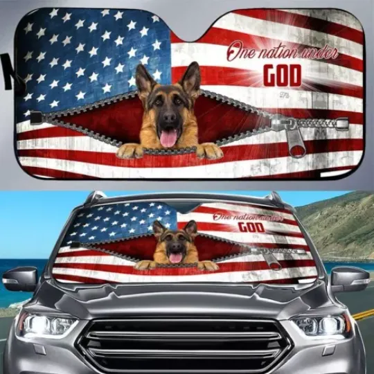German Shepherd One Nation Under God Car Sun Shade UV Protector, Car Sun Shades 57x27.5 Inch, Auto Sun Shade, Car Screen Decor