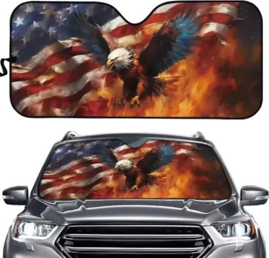 Eagle And US Flag Fire All Over Printed 3D Car Sunshade UV Protector, Car Sun Shades 57x27.5 Inch, Auto Sun Shade, Car Screen Decor