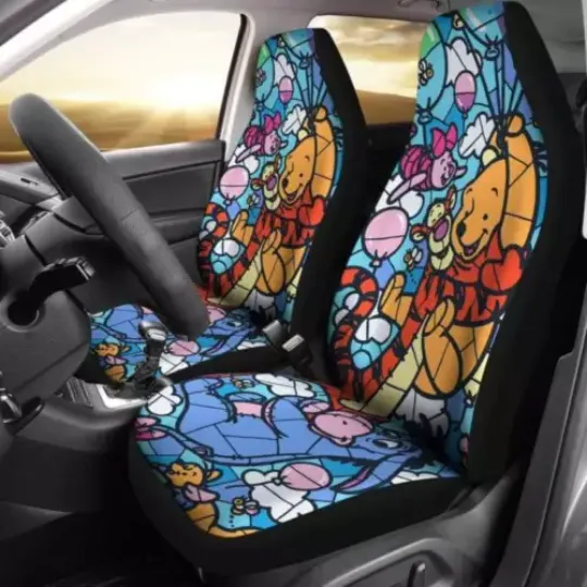 Pooh Bear Piglet And Eeyore Donkey Stained Glass Themed Car Seat Covers, Pooh Car Seat Covers , Disney Car Seat Covers, Car Seat Protector, Car Seat Cover