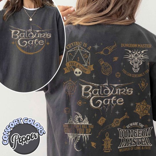 Vintage Baldur's Gate Doodle Cottton Tshirt, Astarion Shadowheart, Dungeons Shirt, Dragons Shirts, Dnd Dad Shirt, Family Game Night