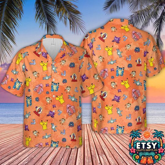 Pattern PKM Hawaiian Shirt, Pattern Gengar Button Up Shirt, Blastoise PKM Hawaiian Shirt, PKM Summer Shirt, PKM Fan Gift