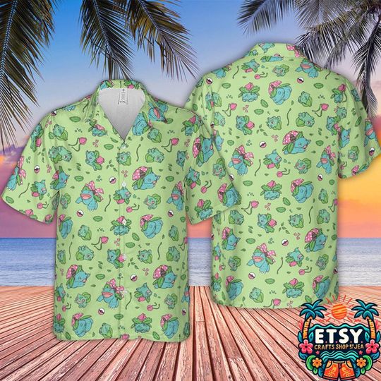 Grass Type PKM Hawaiian Shirt, PKM Button Up Shirt, Bulbasaur PKM Hawaiian Shirt, PKM Summer Shirt, PKM Fan Gifts