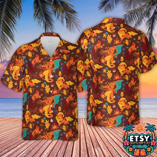 Charizard Fire Type PKM Hawaiian Shirt, Charizard Button Shirt, Charizard Shirt, PKM Hawaiian Shirt, PKM Anime Fan Gift