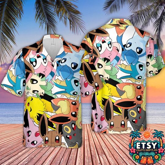 Eevee Evolution Hawaiian Shirt, 3D PKM Hawaiian Shirt, PKM Button Shirt, Anime Hawaiian Shirt, Comics Hawaiian Shirt
