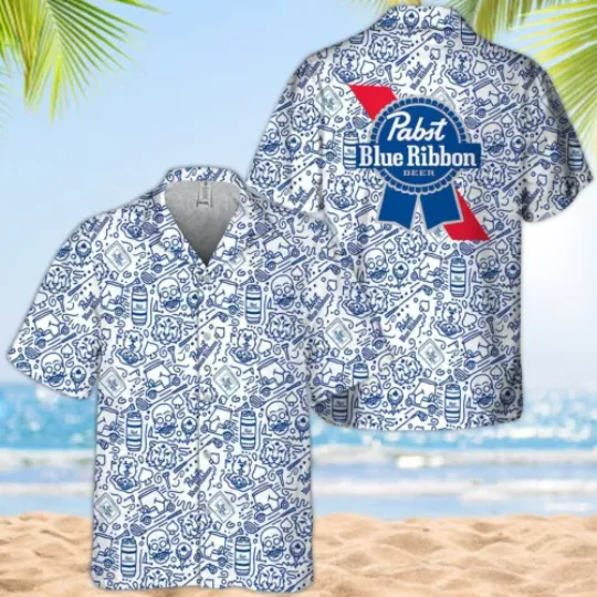 Pabst Blue Ribbon Beer Hawaiian Shirt, Polyester Comfortable Summer Short Sleeve Shirt, Multi-Size Available, Beach Outfit, Father's Day Gifts