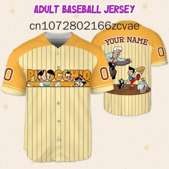 Personalized Disney Pinocchio Baseball Jersey, Streetwear Fashion Summer Shirt, Short Sleeve Baseball shirt Men, Women and Kids