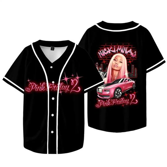 Nicki Minaj Pink Friday 2 Tour Baseball Jersey Shirt, New Logo Merch V-Neck Short Sleeve Women Men Streetwear Clothes