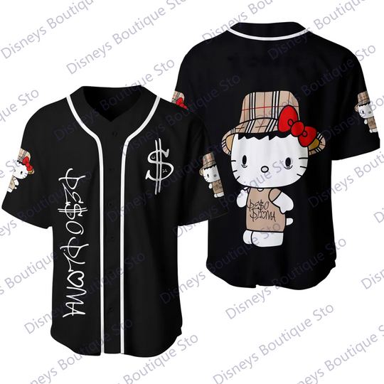 2024 New Arriavl Peso Pluma Hello Kitty Baseball Jersey, Casual Vacation Sports Outfits Oversized Baseballs Shirt