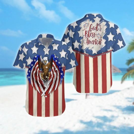 God Bless America 4th Of July Hawaii Shirt, Eagle Independence Day  Gifts for Women, Gifts for Men, Trending Tshirt, Cotton Tee, Short Sleeve Tee