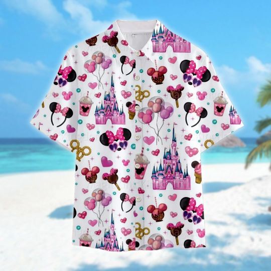 Minnie Mouse Magic Castle Hawaiian Shirt, Birthday Balloon Hawaii Shirt Gifts for Women,Men Cotton Tee