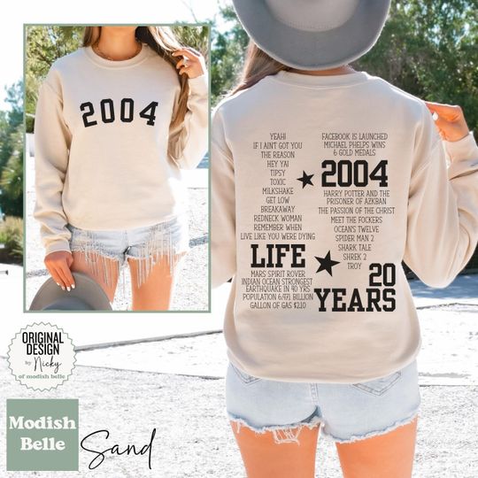 20th birthday gift for her unique, birthday year sweatshirt, date sweatshirt, 2004 birth year sweatshirt, anniversary date sweatshirt