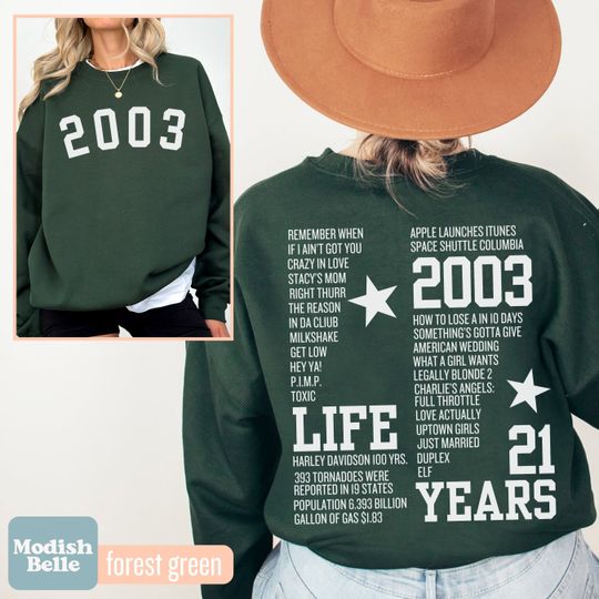 21st birthday gift for her, Happy 21st Birthday Sweatshirt, 2003 Birth Year You Were Born, anniversary date shirt, twenty one birthday party