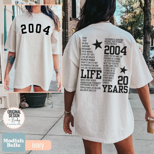 20th Birthday Gift, Cool Birthday Shirt Women Gift for Her, 2004 Birth Year, year you were born tee, anniversary date shirt, twenty