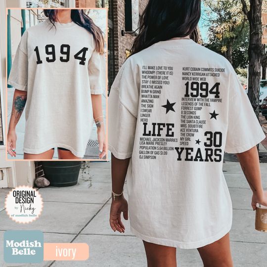 30th Birthday Shirt, 1994 Birth Year, 30th birthday gift for her, year you were born tee, anniversary date shirt thirty, 30th birthday party