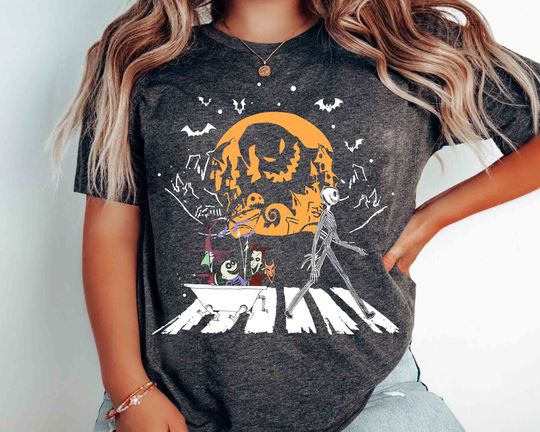 Disney Nightmare Jack Skellington And Lock Shock Barrel Halloween Abbey Road T-shirt, Sally Zero Oogie Boogie Bash, Disneyland Family Trip, Halloween Tee