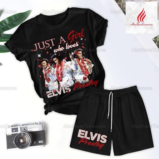 Elvis Presley T-Shirt And Shorts, Just A Girl Who Loves Elvis Presley Pajama Set, Elvis Presley Shorts, Elvis Presley Lover Gifts For Fans