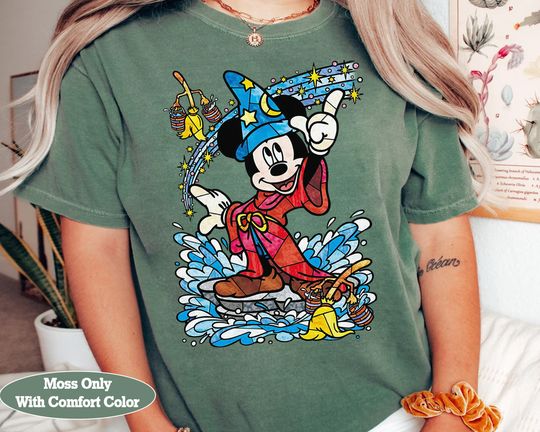 Disney Fantasia Sorcerer Mickey Mouse Wizard Fantasia Stained Glass Retro Shirt, WDW Magic Kingdom Unisex Comfort Colors Birthday Gift Tee, Halloween Gifts