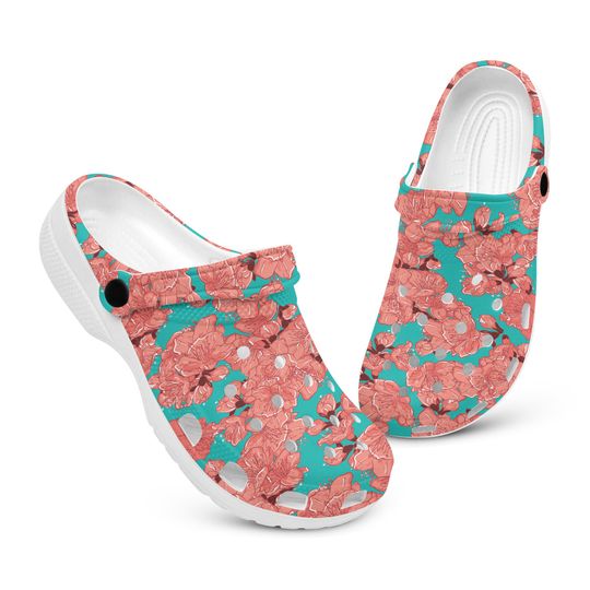 Floral Cherry Blossom Sakura Clogs for Men and Women, Breathable Beach Hole Slippers, Footwear