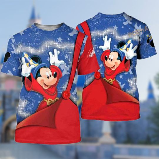 Discover Mickey Mouse Fantasia Blue Button Overalls Casual 3D Shirt Comfortable Summer | Beach Outfit | Tee for Men, Women, Kids