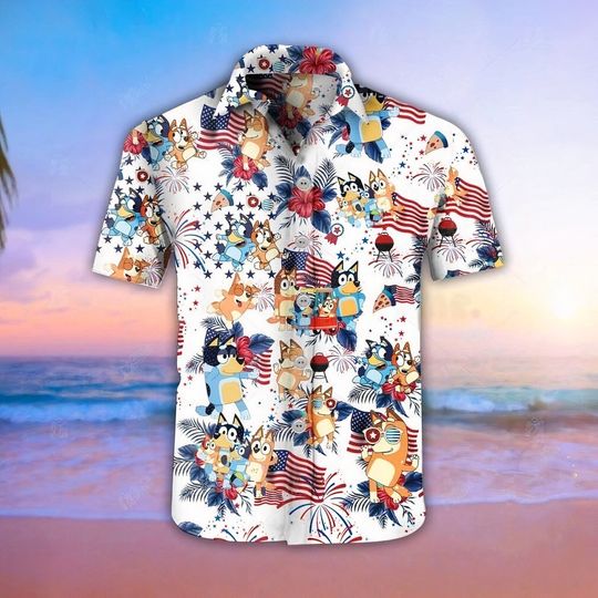 BlueyDad Hawaiian Shirt BlueyDad 4Th Of July, BlueyDad Summer Short Sleeve Button Summer Shirt | Summer Vacay Outfit