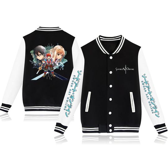 Sword Art Online Couple Baseball Jacket, Cartoon Baseball Jacket, Funny Cartoon Jacket, Fall Anime Varsity Streetwear