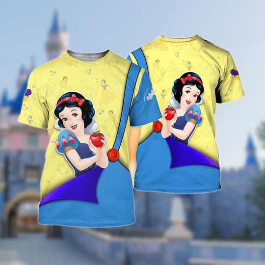 Snow White Princess Blue Button 3D T-Shirt, Cotton Short Sleeve Shirt, Cartoon Princess All Over Print Shirt, Snow White Character 3D Tee, Snow White Adult Kid Tee
