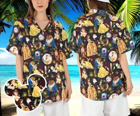 Beauty and the Beast Tropical 3D HAWAII SHIRT, Button Downs Shirt for Men, Disneyland Summer Hawaii Shirt