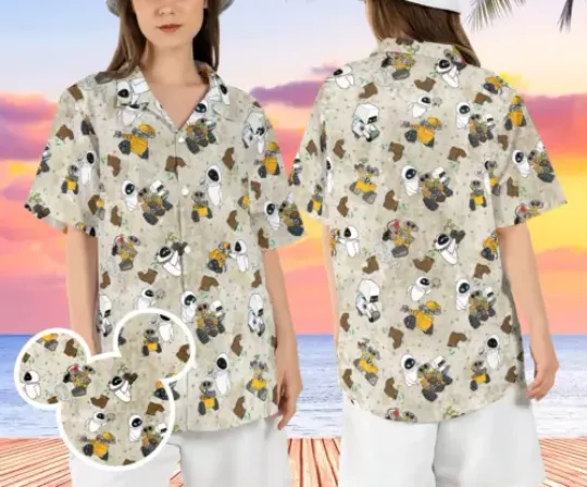 Wall E and Eve Robot Couple Beach 3D HAWAII SHIRT, Disney Summer Shirt