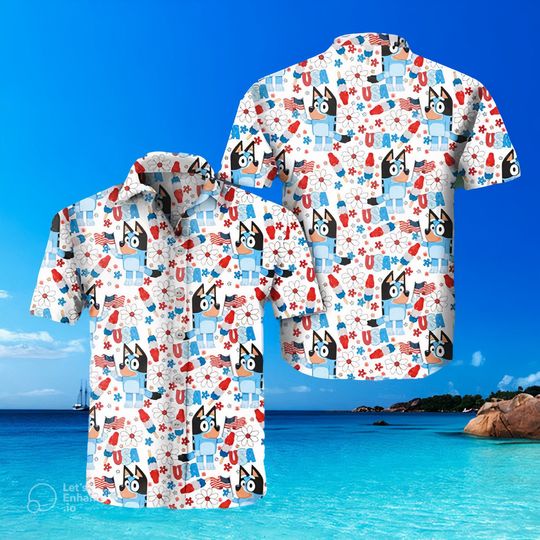 BlueyDad Hawaiian Shirt BlueyDad 4Th Of July, BlueyDad Summer Family Hawaiian Shirt, Cartoon Shirt, Cool Dad Club Shirt, Gift BlueyDad Hawaiian Shirt