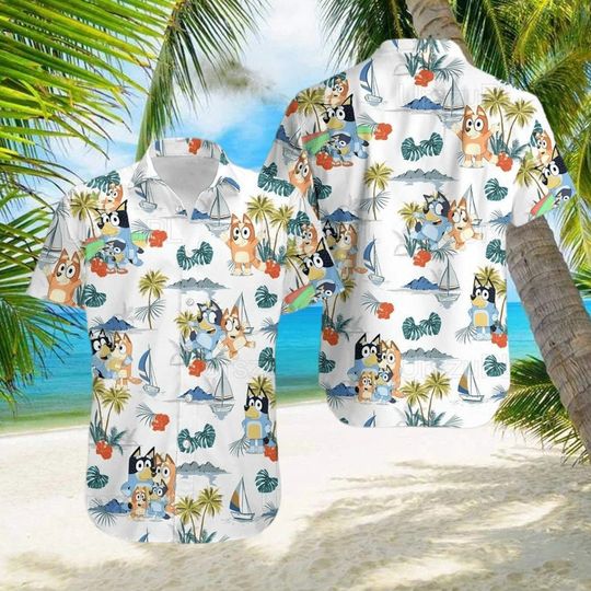 BlueyDad Summer Family Hawaiian Shirt, BlueyDad and Bingo Beach Hawaiian Shirt, Bandit Heeler Chilli Heeler Hawaii Shirt, Gift for Mothers day