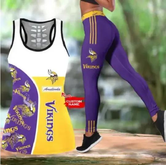 Personalized name – football Minnesota Vikings Hollow Tanktop Legging Set, Workout Clothes, Gift For Women