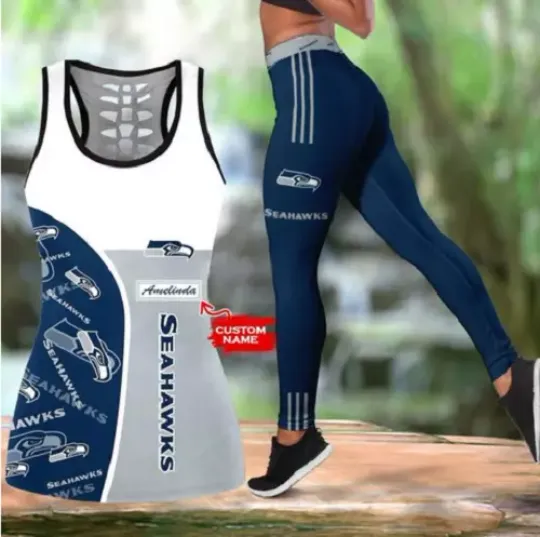 Personalized name – football Seattle Seahawks Hollow Tanktop Legging Set, Workout Clothes, Gift For Women