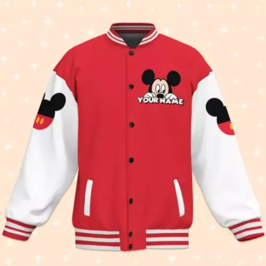 Personalized Mickey Smile Baseball Team Game Day Red White Baseball Jacket, Disney Mickey Jacket, Disney Baseball Jacket, Movie Cartoon Jacket