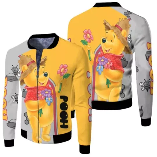 Winnie The Pooh Picking Flower Christmas Halloween Gift Bomber Jacket, Disney Pooh Jacket, Disney Baseball Jacket, Movie Cartoon Jacket