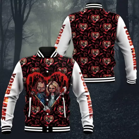 Personalized Chucky And Tiffany Horror Couple Halloween Baseball Jacket, Chucky And Tiffany Baseball Jacket, Horror Movie Jacket