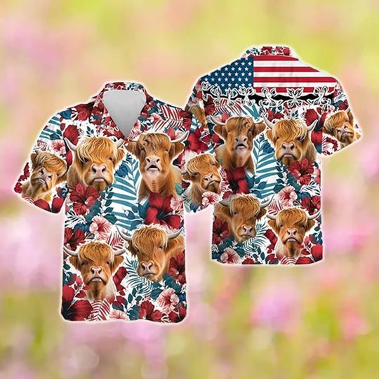 Cattle America Flag Hawaiian Shirt, Floral Cow Patriotic Hawaii Shirt, 4th of July Cow Shirt, Farm Fourth of July Tee, Independence Day Gift
