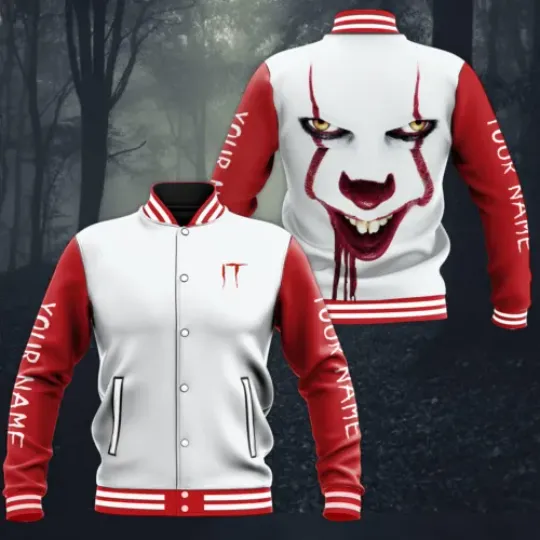 Personalized Pennywise IT Horror Scary Movie Halloween Baseball Jacket, Horror Movie Jacket, Scary Jacket Long Sleeve For Men